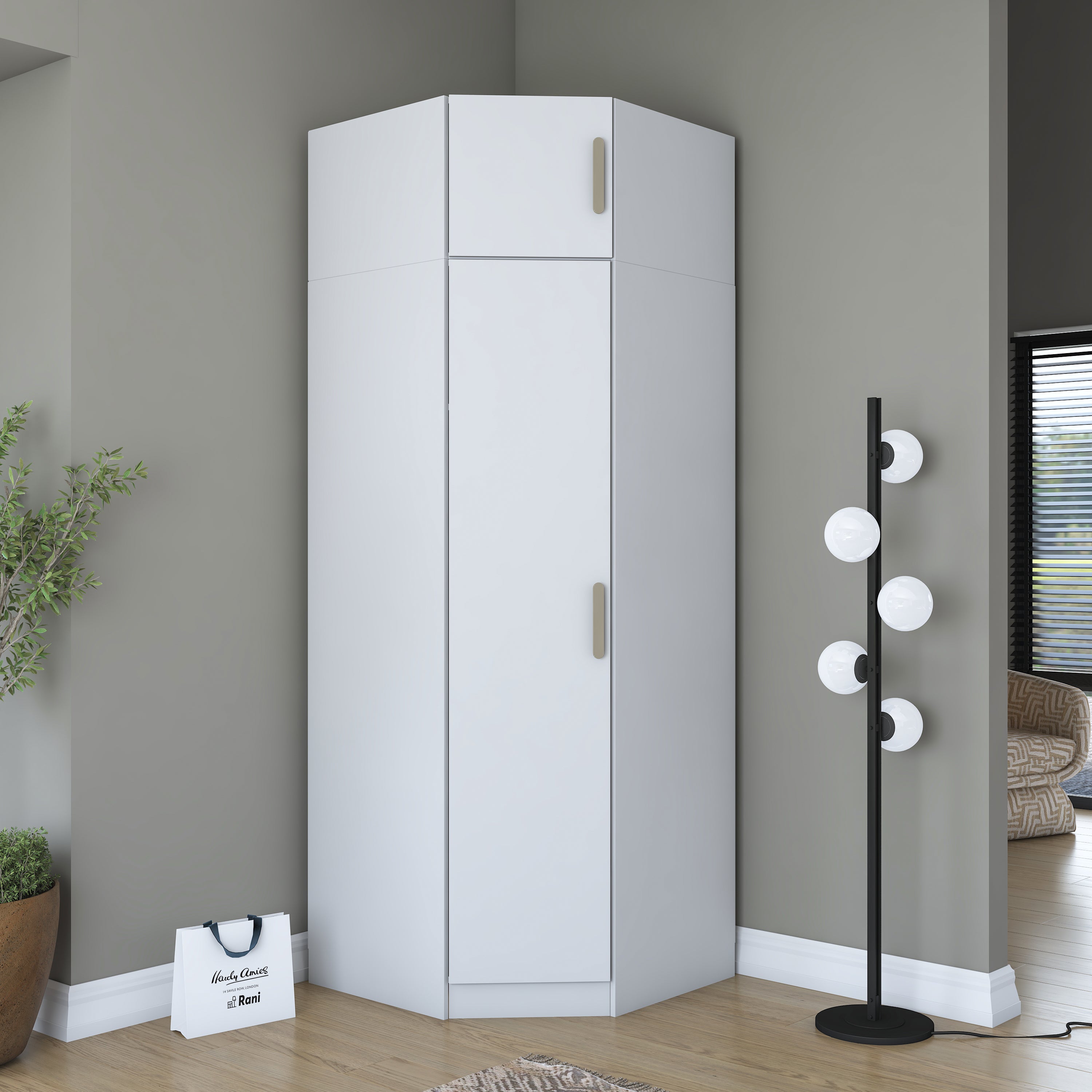Rani BA213 Köşe Modül Gardırop Tek Kapaklı 7 Raflı Askılı Elbise Dolabı Tamamlayıcı Köşe Ünitesi Beyaz