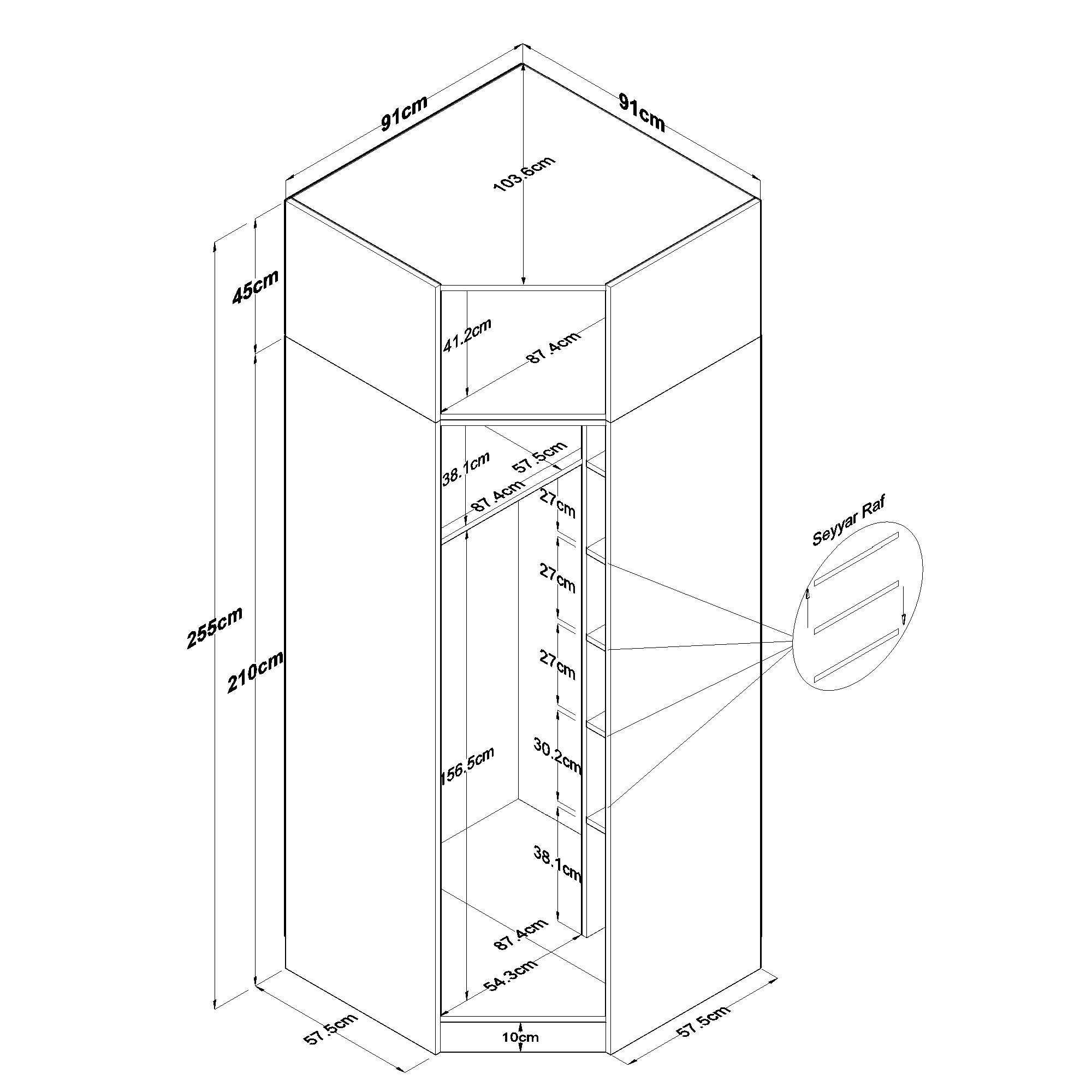 Rani BA213 Köşe Modül Gardırop Tek Kapaklı 7 Raflı Askılı Elbise Dolabı Tamamlayıcı Köşe Ünitesi Beyaz