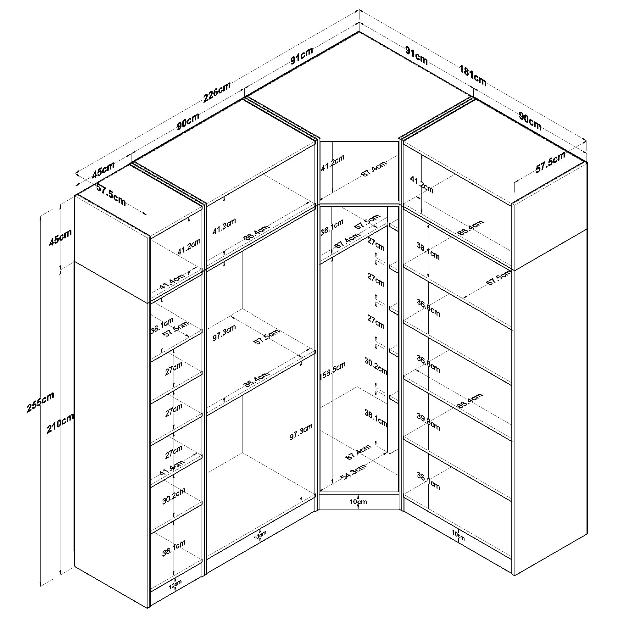 Rani BA229 Modüler Köşe Gardırop 6 Kapaklı Raflı Askılı Elbise Dolabı Beyaz