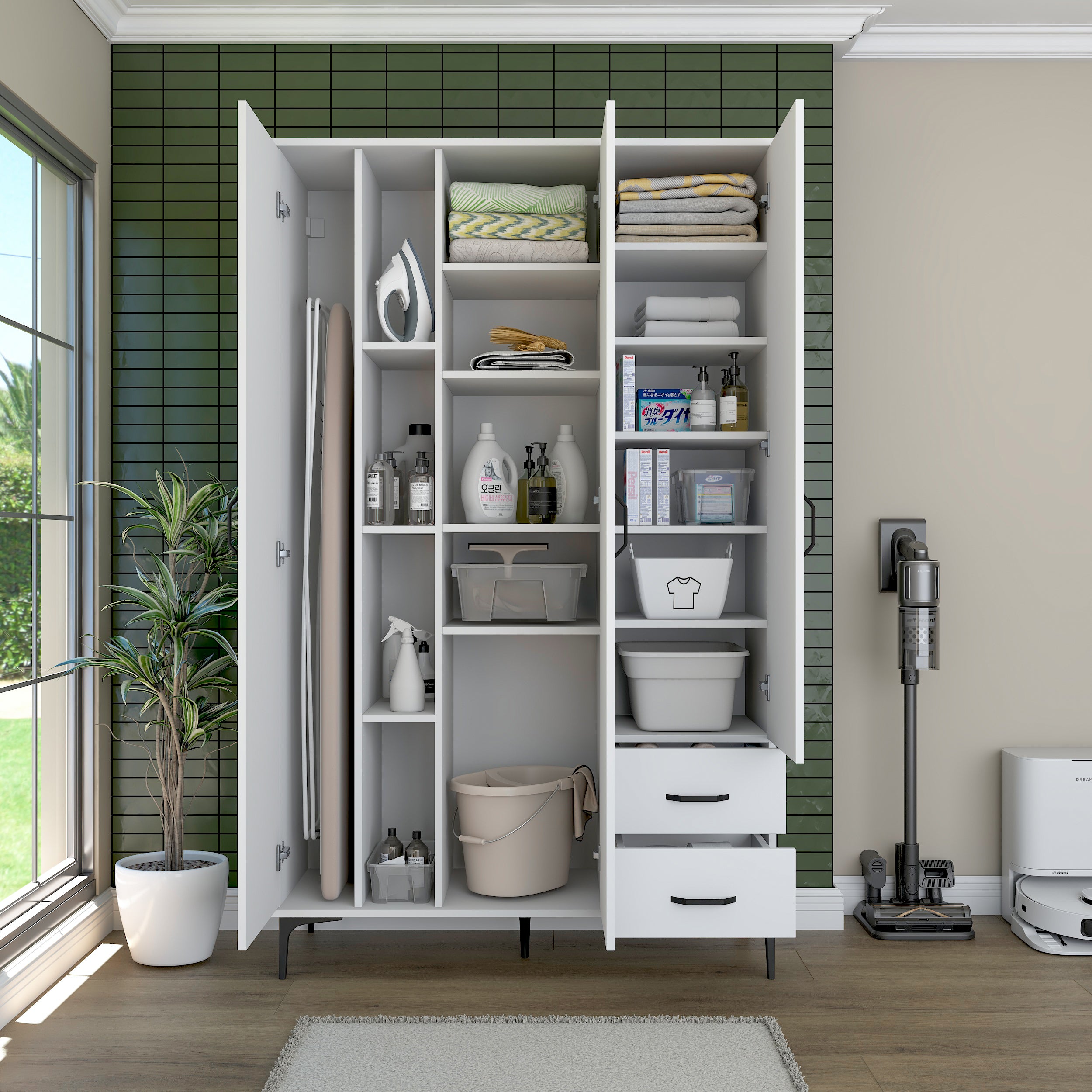 Rani KC105 Banyo Dolabı 3 Kapaklı 13 Raflı 2 Çekmeceli Çok Amaçlı Dolap Beyaz